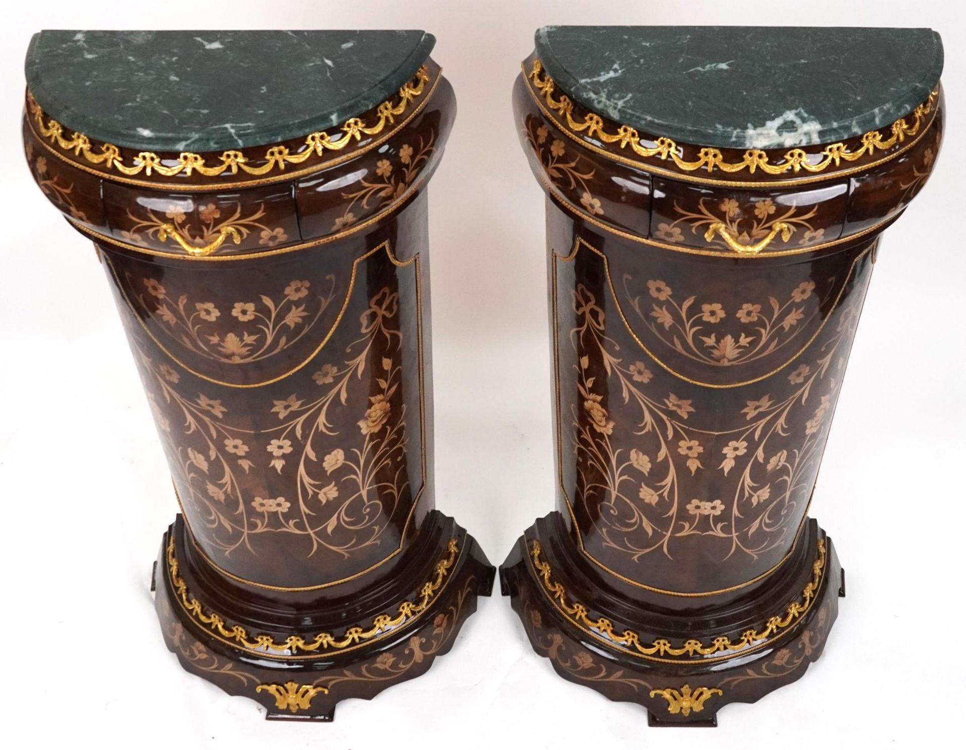 Pair of French Louis XV style walnut effect demi lune pedestals with gilt metal mounts, marble - Bild 2 aus 3