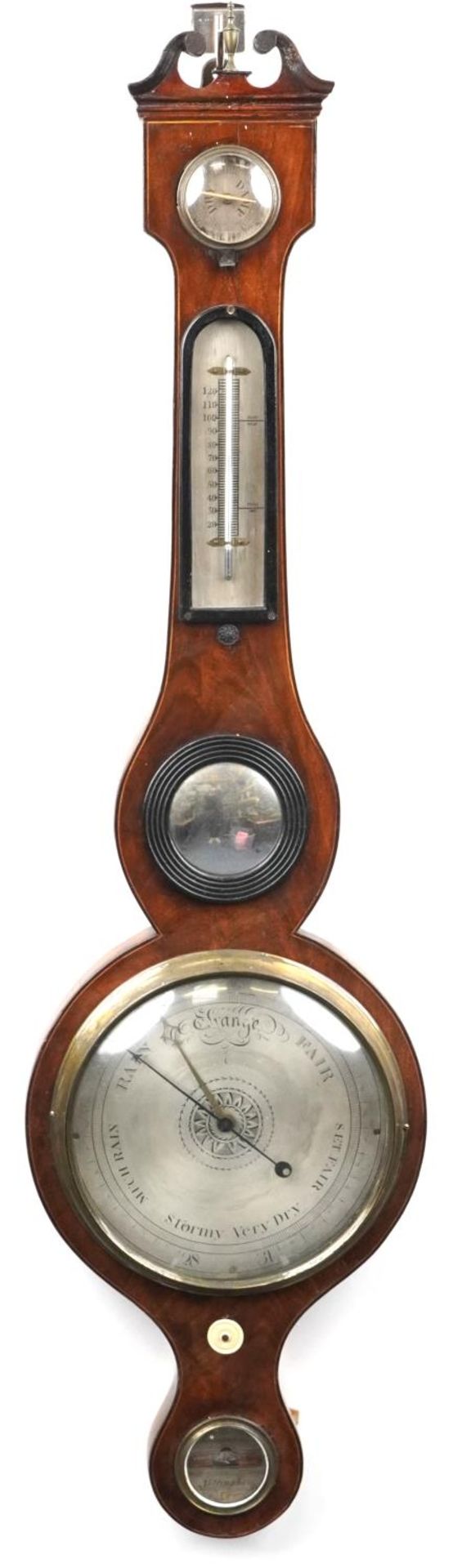 19th century inlaid mahogany banjo barometer and thermometer with silvered dials, one engraved
