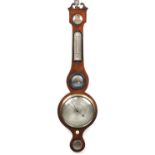 19th century inlaid mahogany banjo barometer and thermometer with silvered dials, one engraved