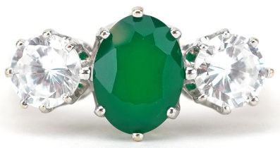 9ct gold emerald and cubic zirconia three stone ring, the emerald approximately 7.80mm x 6.10mm x