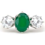 9ct gold emerald and cubic zirconia three stone ring, the emerald approximately 7.80mm x 6.10mm x