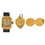 Unda, ladies 18ct gold wristwatch, 18ct gold cufflink and a rolled gold love heart pendant, the