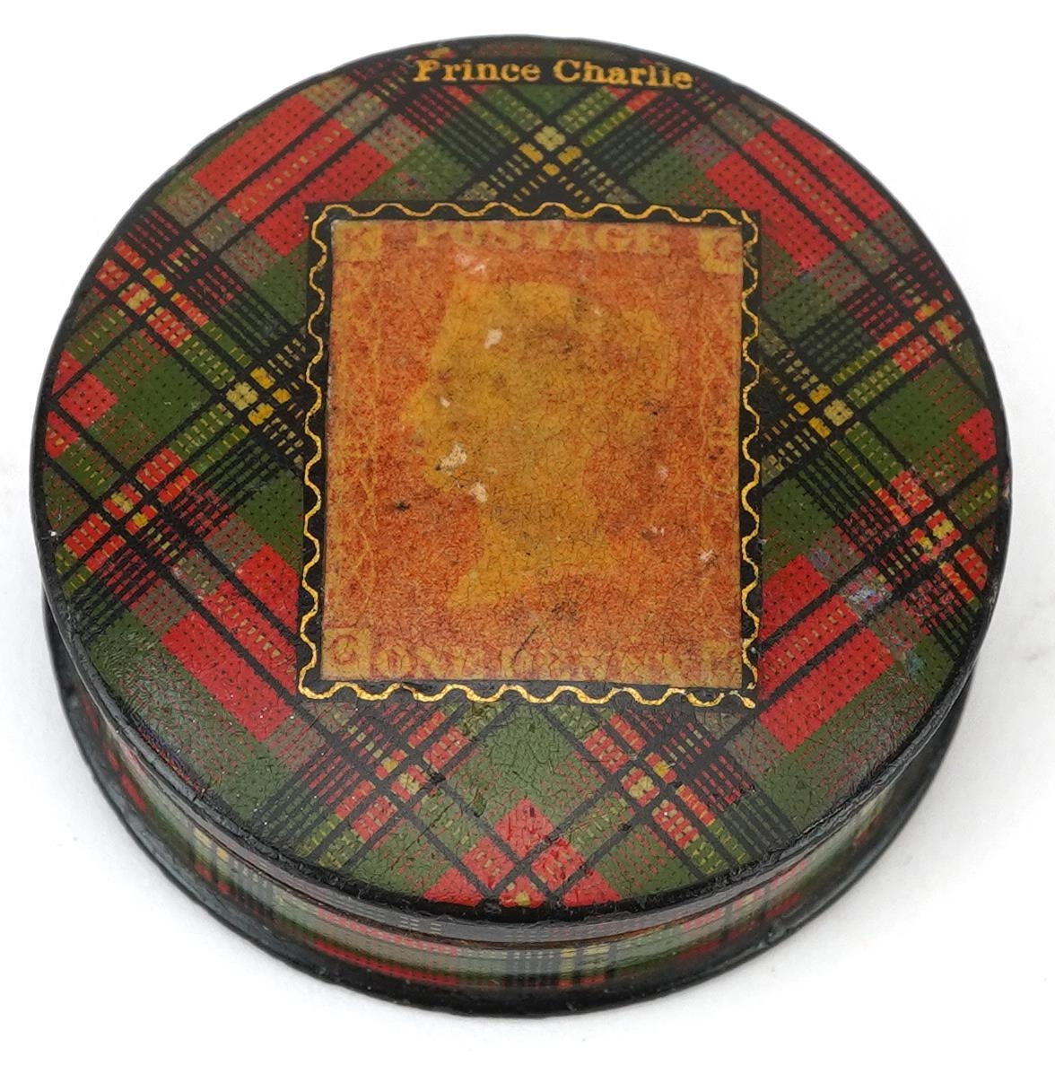 Victorian tartan ware Prince Charlie circular stamp box and a silver stamp case enamelled with a - Image 2 of 5