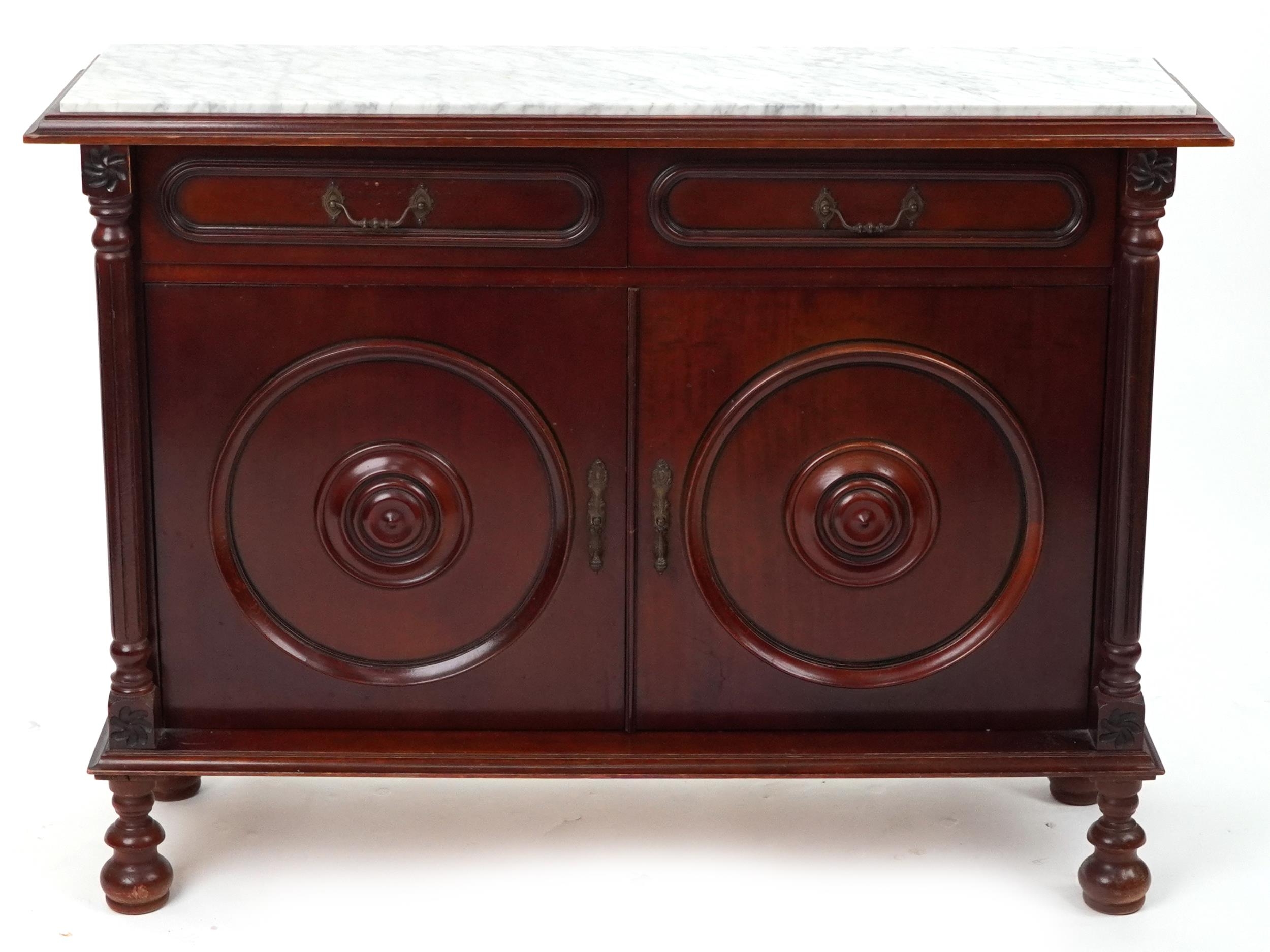 Mahogany side cabinet with inset marble top and reeded columns fitted with two drawers above a - Image 2 of 4