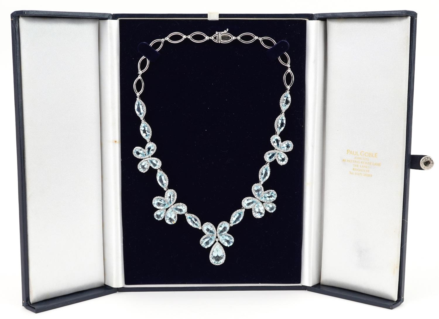 Good 18ct white gold teardrop aquamarine and diamond floral necklace, the largest aquamarine - Image 8 of 9