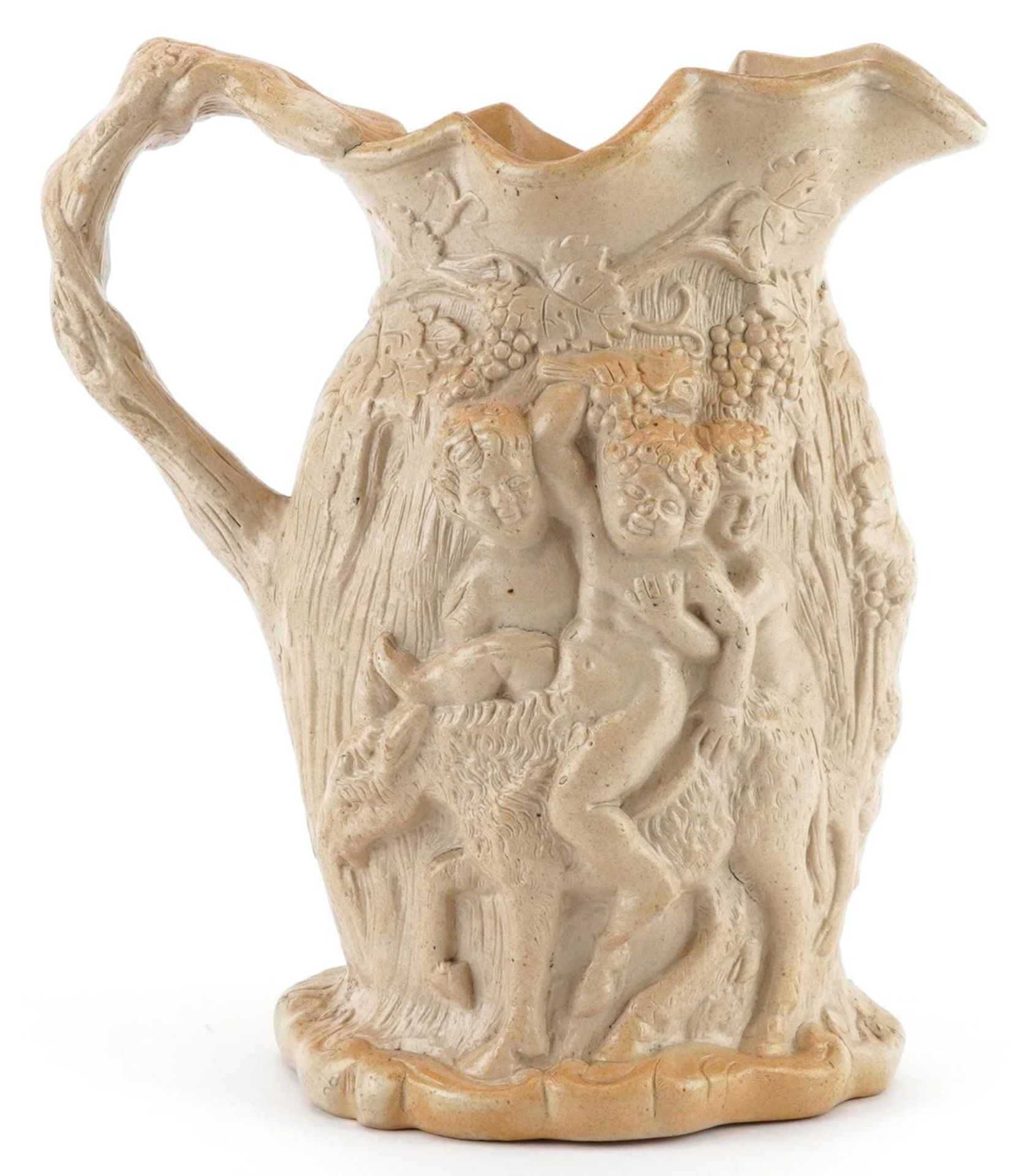 19th century salt glazed Greek mythological jug decorated in relief with Silenus & Bacchus, 22cm - Bild 4 aus 6