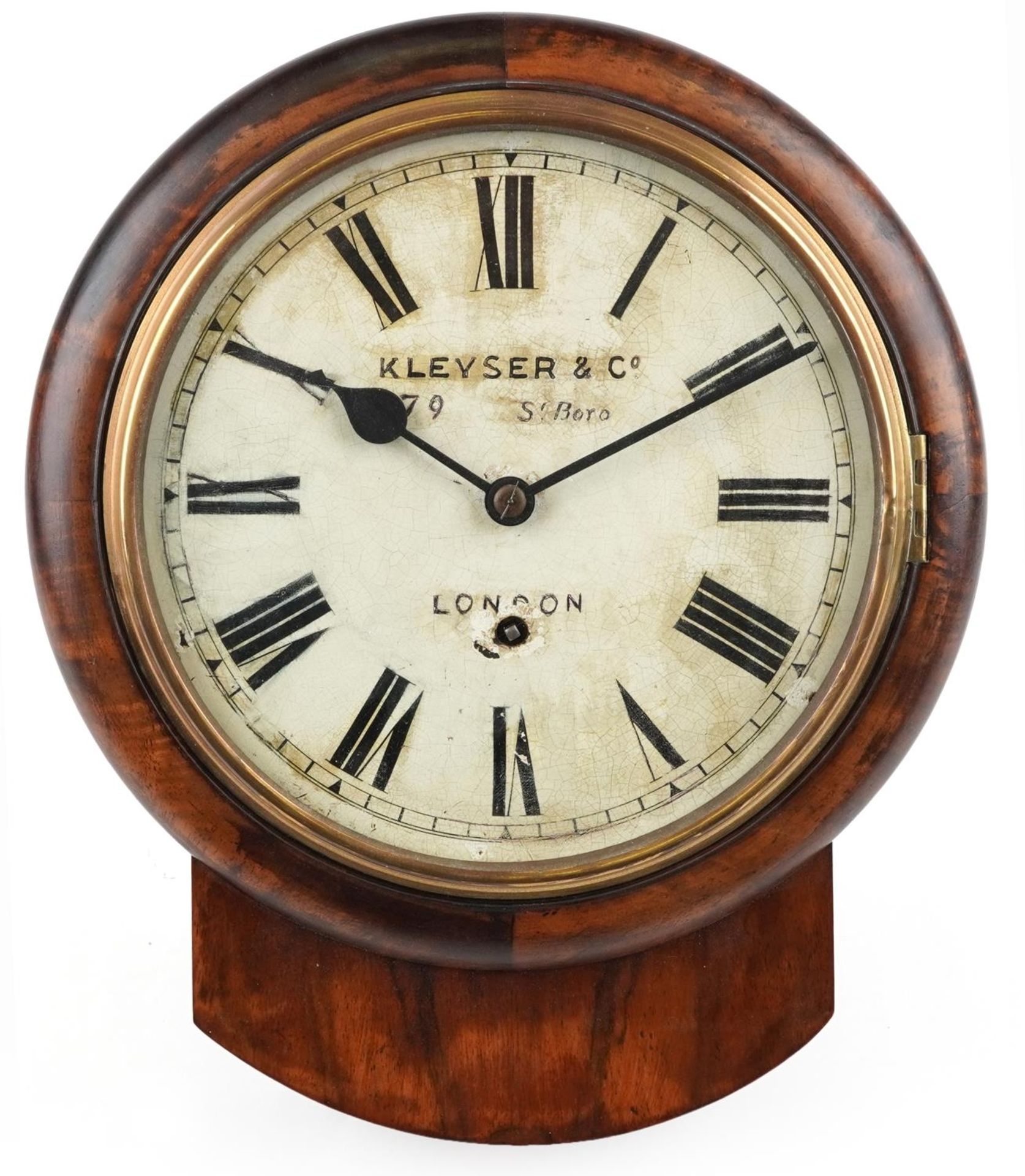 Victorian mahogany drop dial wall clock with circular painted dial having Roman numerals,