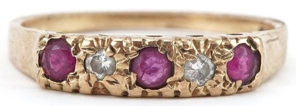 9ct gold ruby and diamond five stone ring with pierced setting, size M, 1.8g