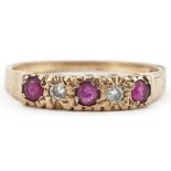 9ct gold ruby and diamond five stone ring with pierced setting, size M, 1.8g