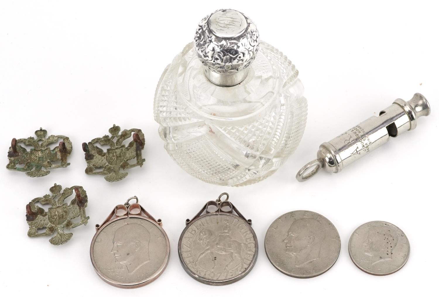 Sundry items including a silver topped cut glass scent bottle, three American dollars, two with - Image 5 of 5