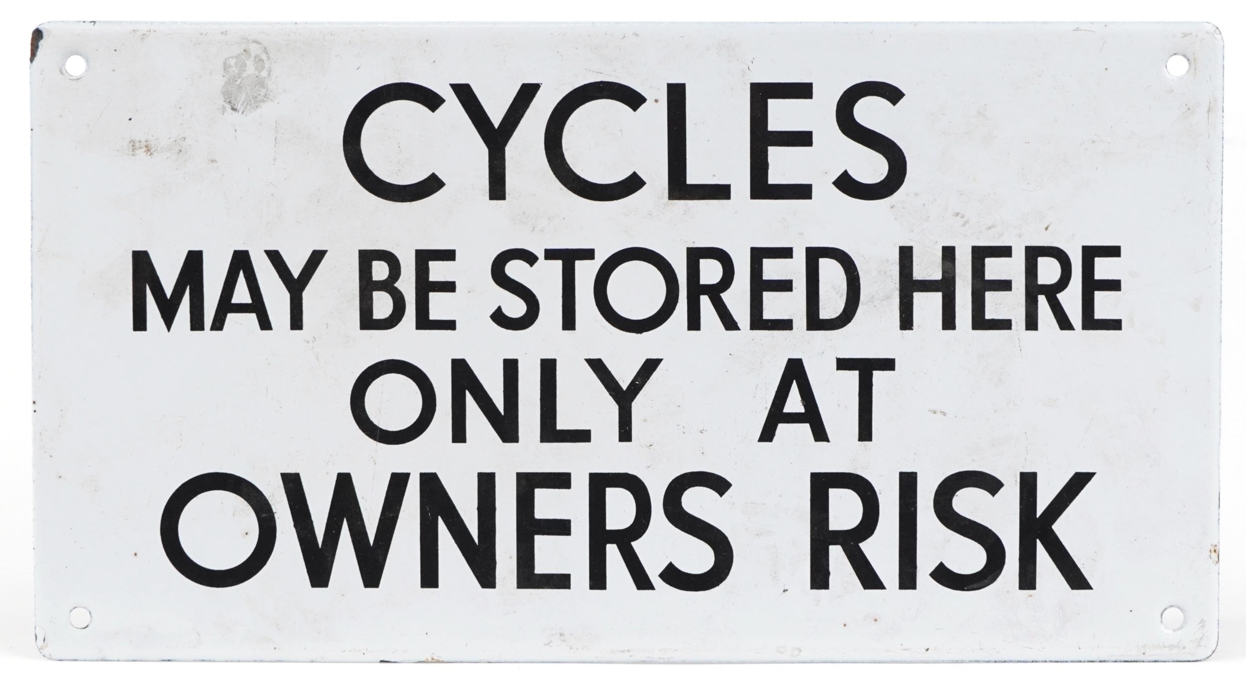 Vintage Cycles May Be Stored Here Only at Owner's Risk enamel advertising sign, 33cm x 18cm