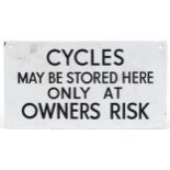 Vintage Cycles May Be Stored Here Only at Owner's Risk enamel advertising sign, 33cm x 18cm