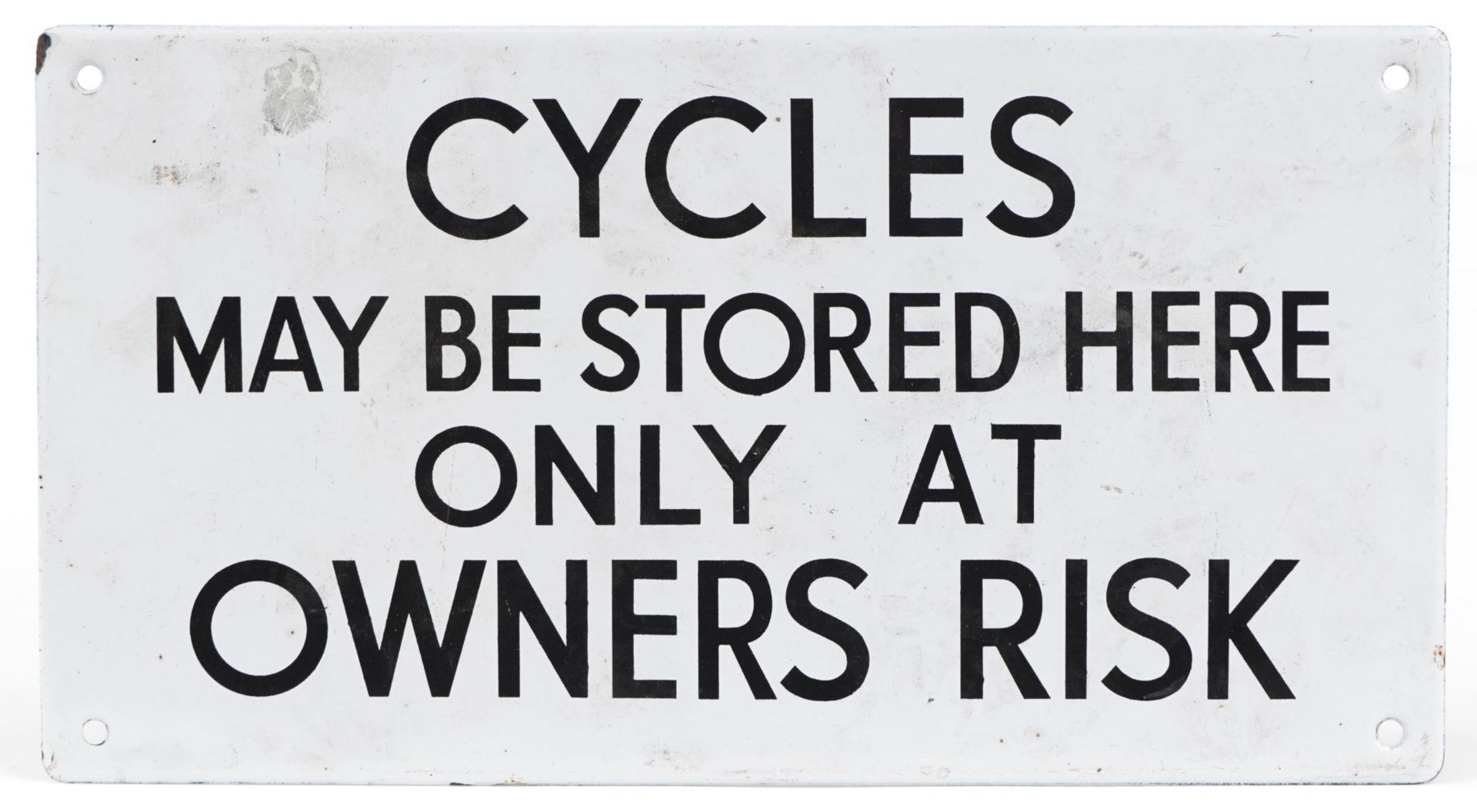 Vintage Cycles May Be Stored Here Only at Owner's Risk enamel advertising sign, 33cm x 18cm