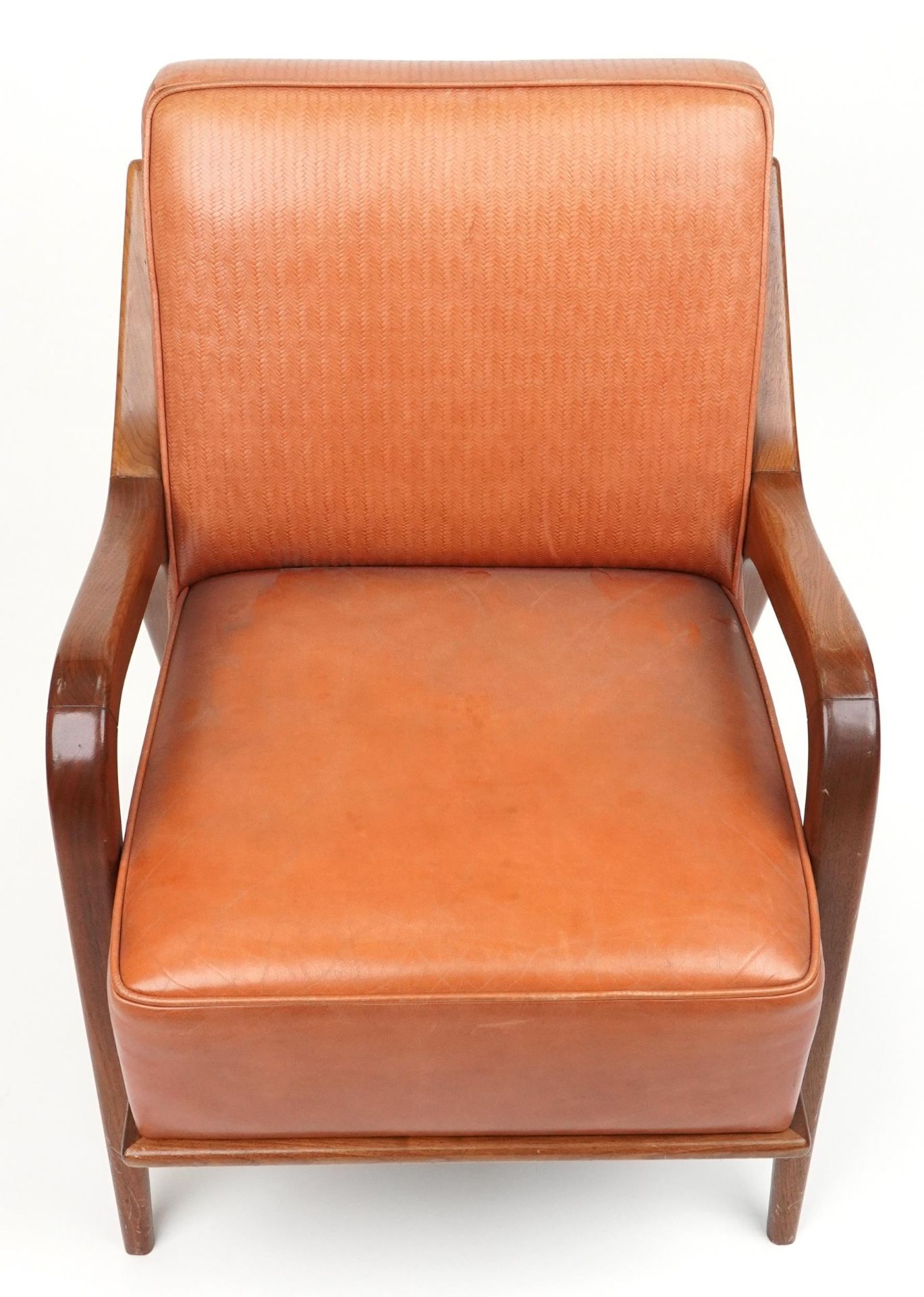 Scandinavian design hardwood lounge chair having a tan upholstered back and seat, 86cm H x 62.5cm - Bild 3 aus 4