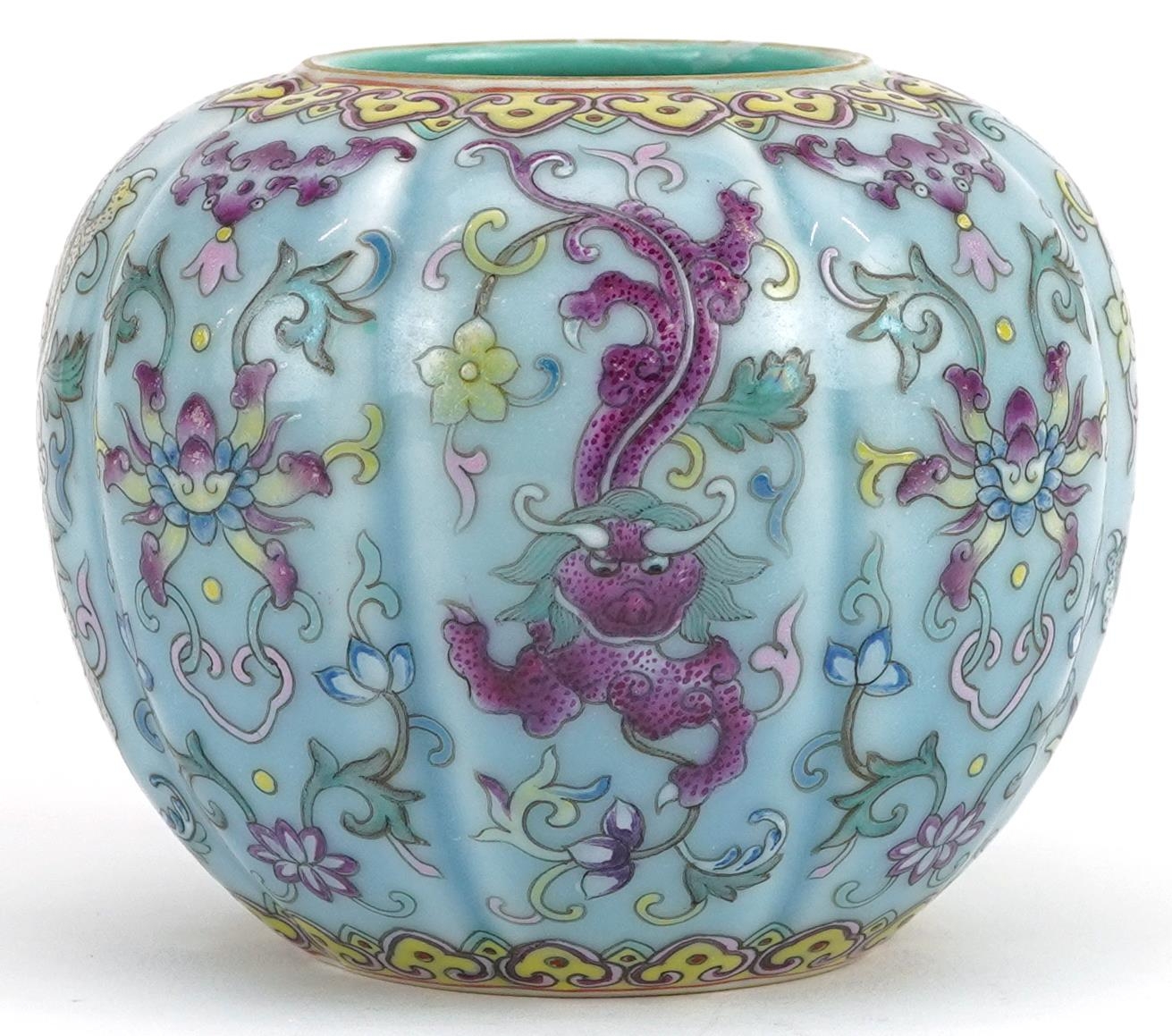 Chinese porcelain purple and turquoise ground vase hand painted in the famille rose palette with - Image 4 of 7