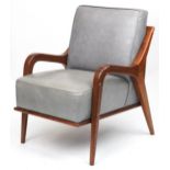 Scandinavian design hardwood lounge chair having a bluish grey upholstered back and seat, 86cm H x