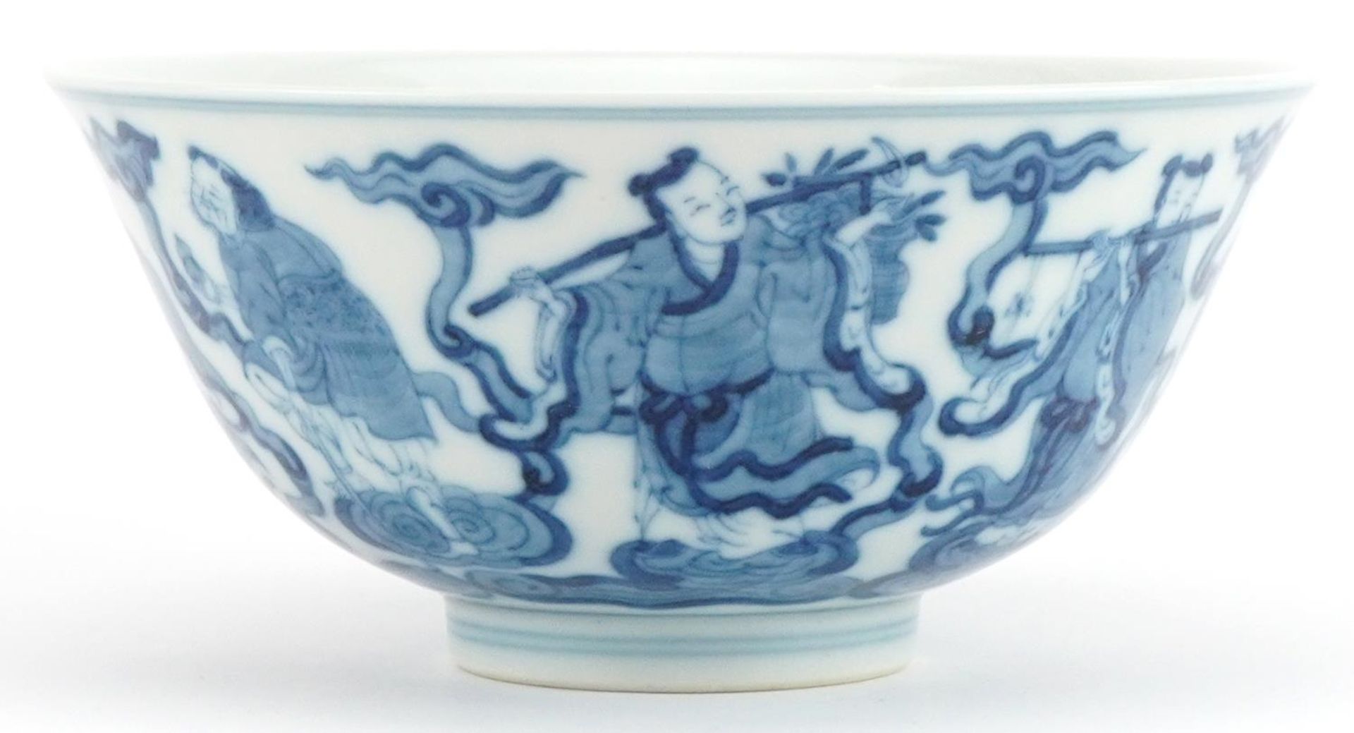 Chinese blue and white porcelain bowls hand painted with immortals amongst clouds, six figure