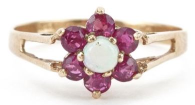9ct gold pink spinel and opal flower head ring with split shoulders, size L, 1.4g