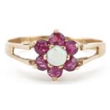 9ct gold pink spinel and opal flower head ring with split shoulders, size L, 1.4g