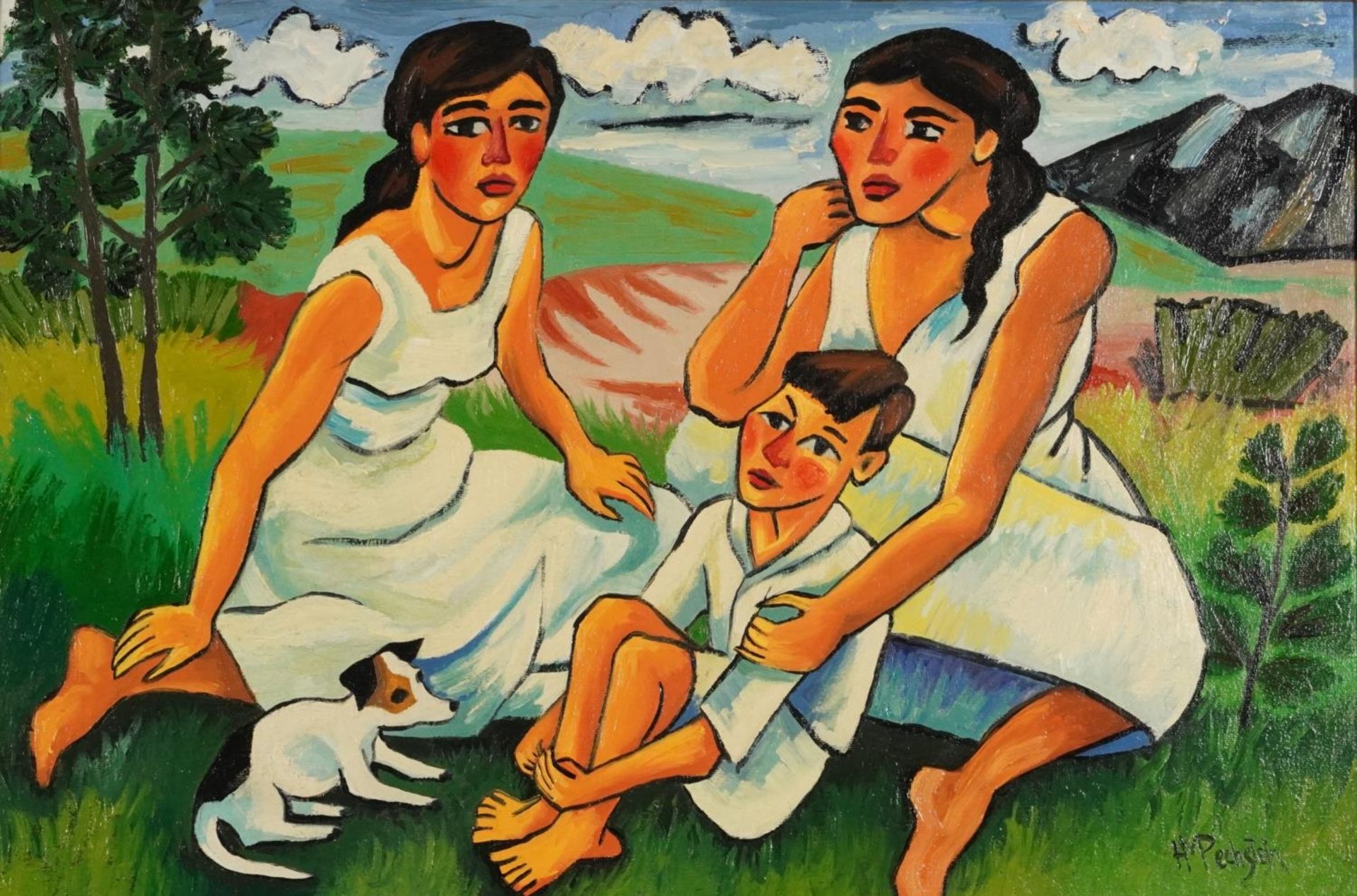 Manner of Max Pechstein - Family and dog, oil on board, mounted and framed, 59cm x 39.5cm