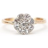 18ct gold diamond flower head cluster ring, total diamond weight approximately 0.26 carat, size K/L,