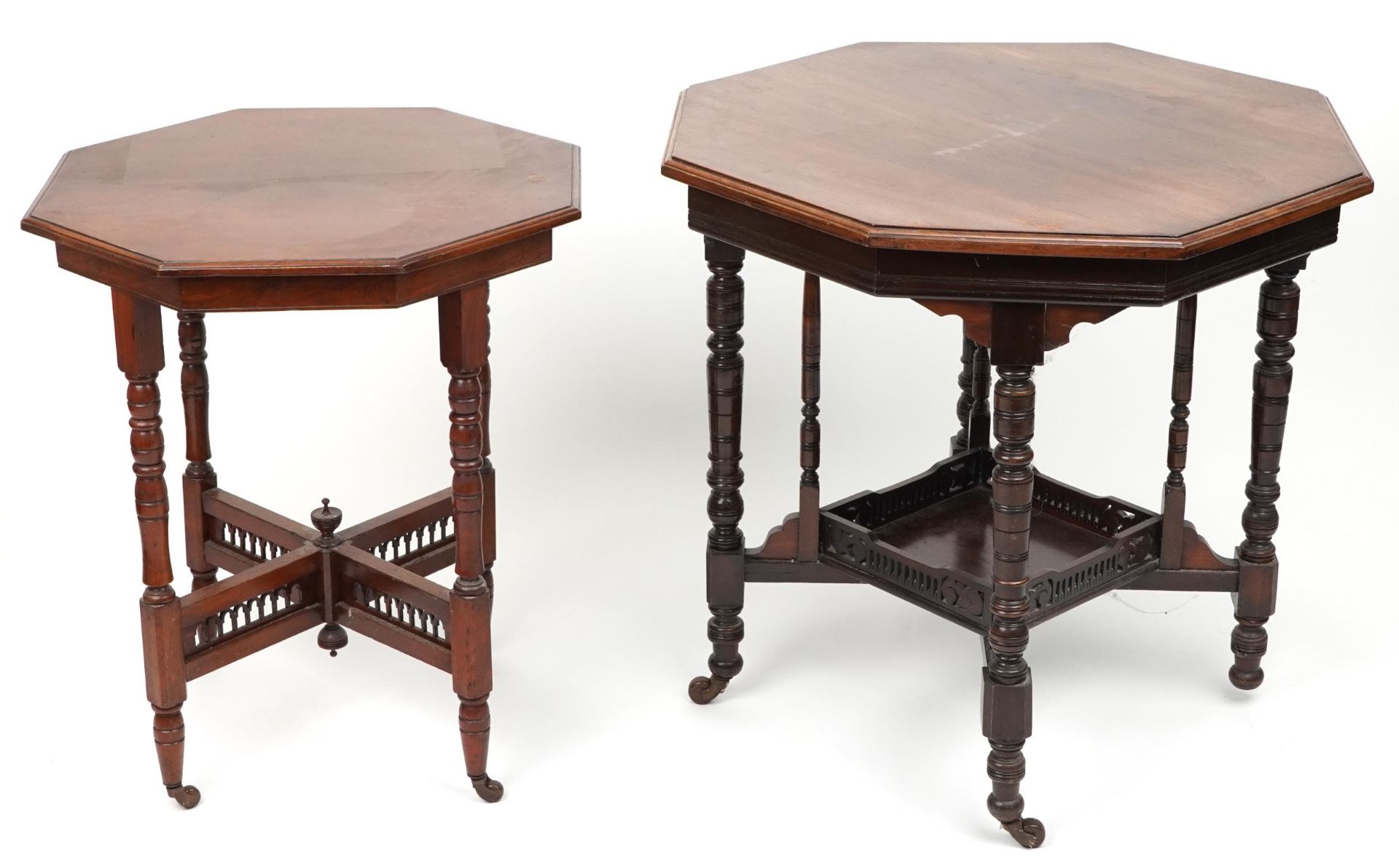 Two Edwardian mahogany centre tables with hexagonal tops, the largest 75cm high x 75cm in diameter - Bild 3 aus 3