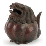 Chino Tibetan partially gilt and red lacquered incense burner in the form of a mythical animal,