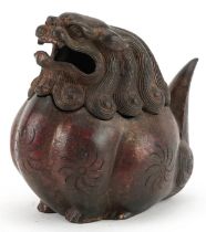 Chino Tibetan partially gilt and red lacquered incense burner in the form of a mythical animal,