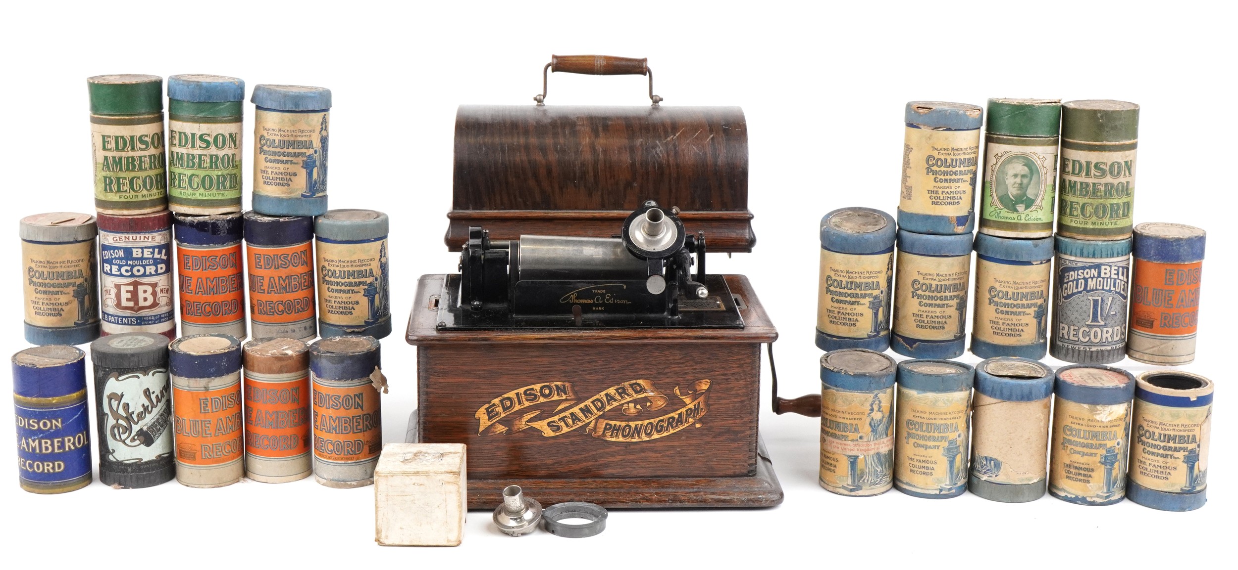 Victorian Thomas Edison oak cased phonograph with various Amberol record cylinders, the phonograph