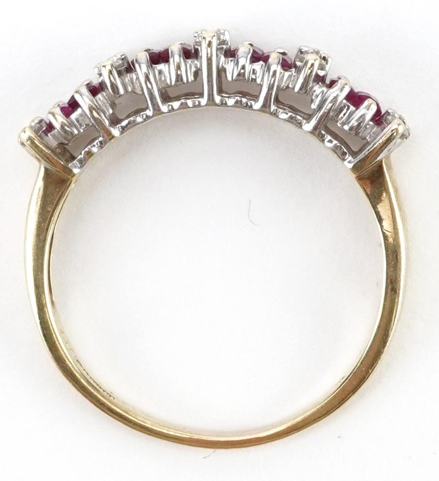 9ct gold ruby and diamond half eternity ring set with ten diamonds and eight rubies, total diamond - Image 3 of 5