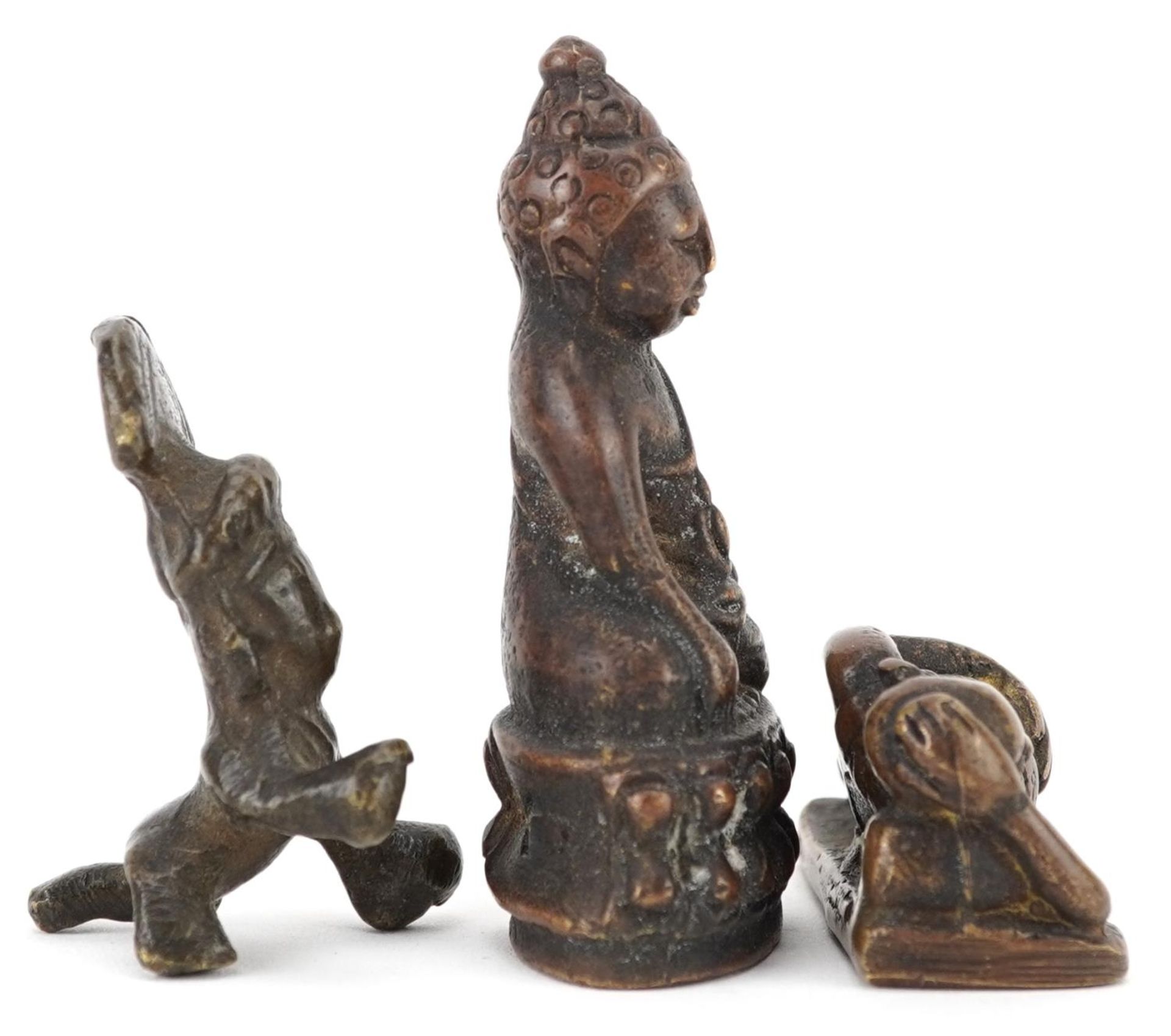 Three Chinese and Asian patinated bronze figures including an example of seated Buddha, the - Bild 5 aus 7