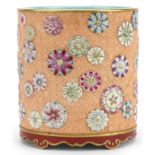 Chinese porcelain cylindrical brush pot hand painted in the famille rose palette and decorated in