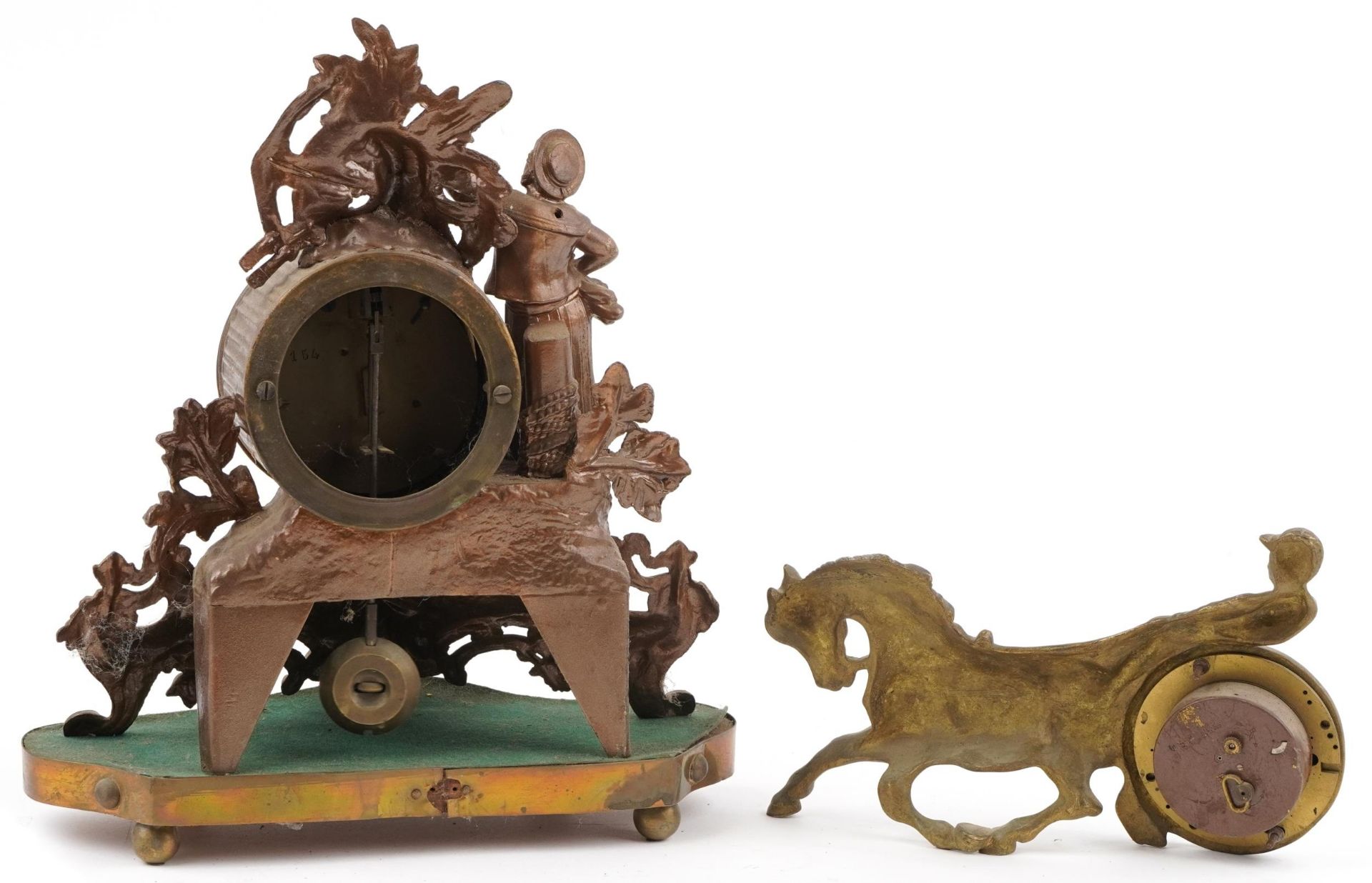 Two 19th century French mantle clocks comprising a gilt spelter example on stand surmounted with a - Image 2 of 3