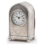 William Comyns & Sons, Edwardian silver arch top carriage clock having enamelled dial with Roman