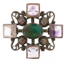 Manner of A W N Pugin, Arts & Crafts unmarked silver amethyst, clear stone and cabochon turquoise