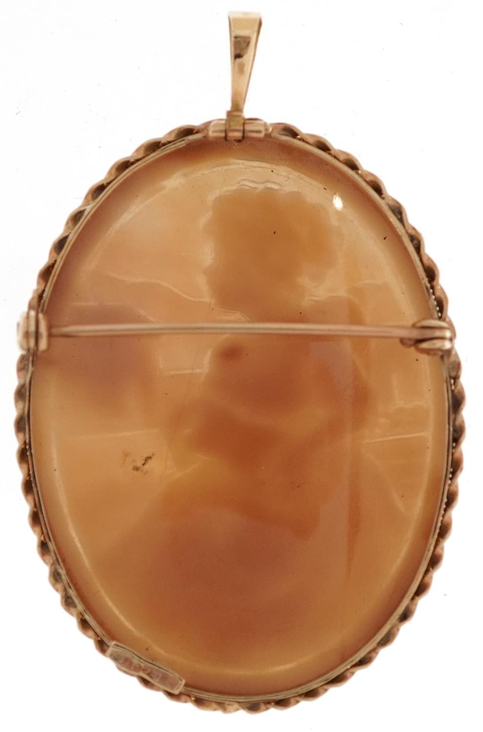 9ct gold mounted shell cameo pendant brooch carved with a young female reading a book, 5cm high, 5. - Image 2 of 3