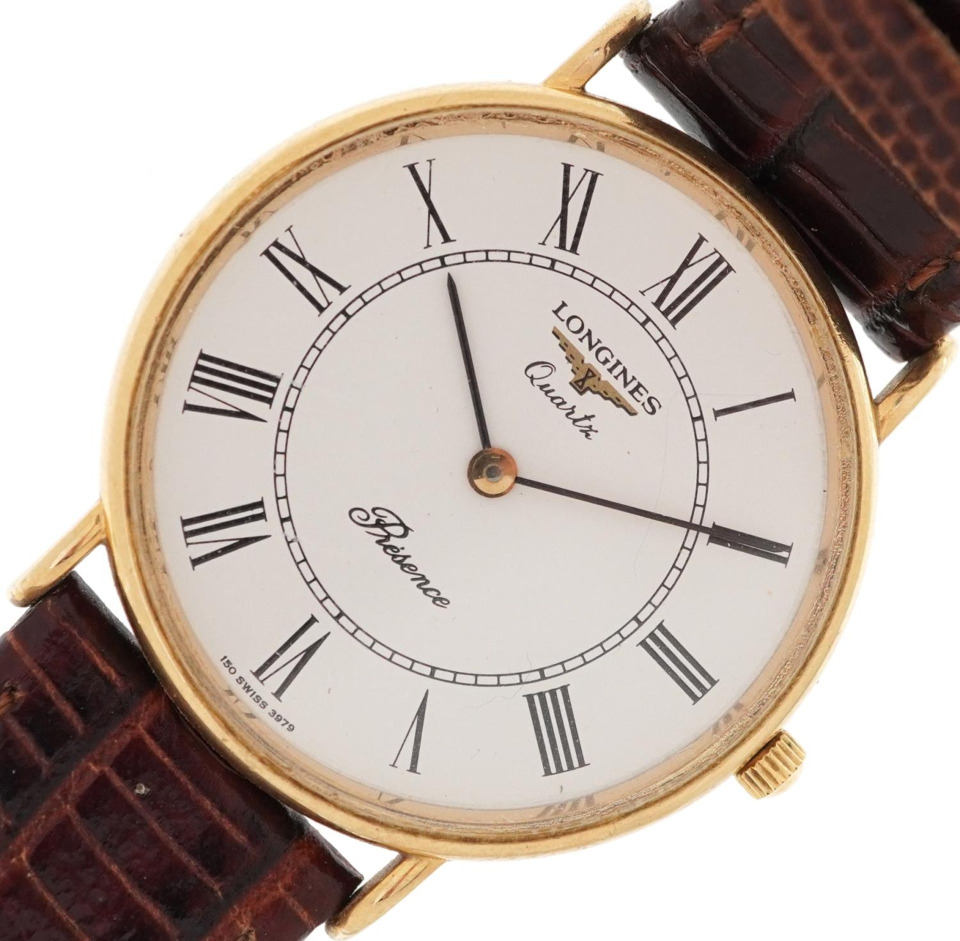 Longines, gentlemen's 9ct gold Longines Presence quartz wristwatch having white dial with Roman