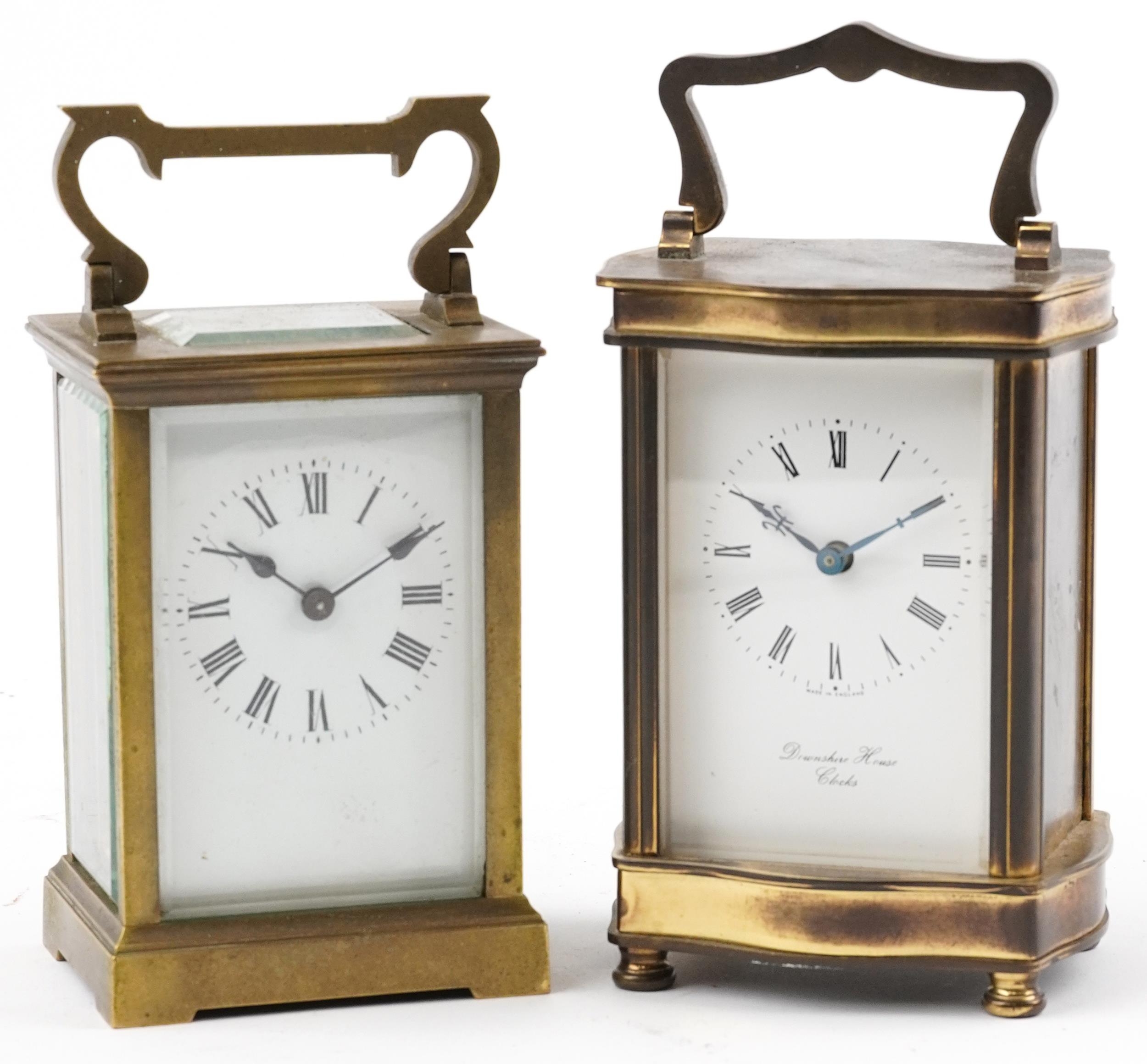 Two brass cased carriage clocks including an example with serpentine case having enamelled dial with