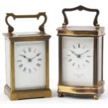 Two brass cased carriage clocks including an example with serpentine case having enamelled dial with