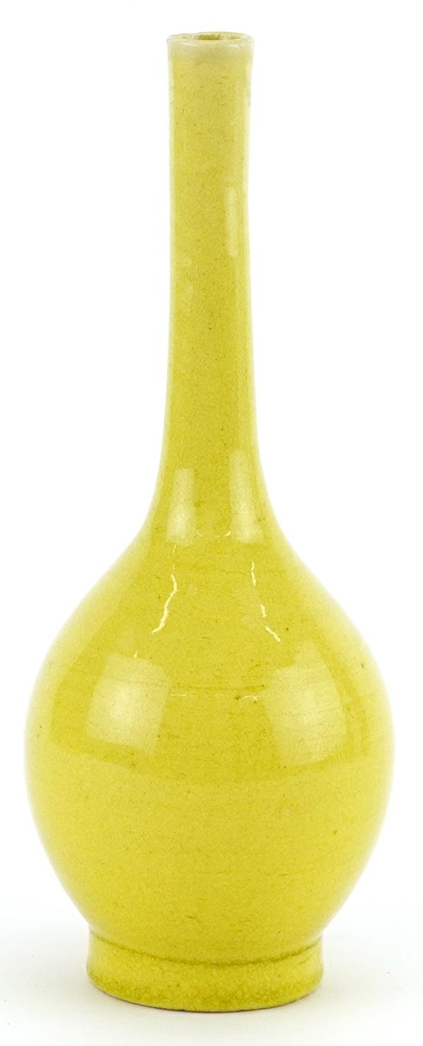 Chinese porcelain long neck bottle vase having a yellow glaze, 19cm high - Image 3 of 6