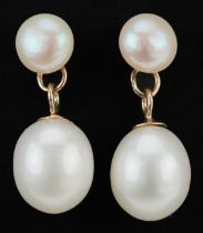 Pair of unmarked gold cultured pearl drop earrings, each 1.7cm high, total 1.8g