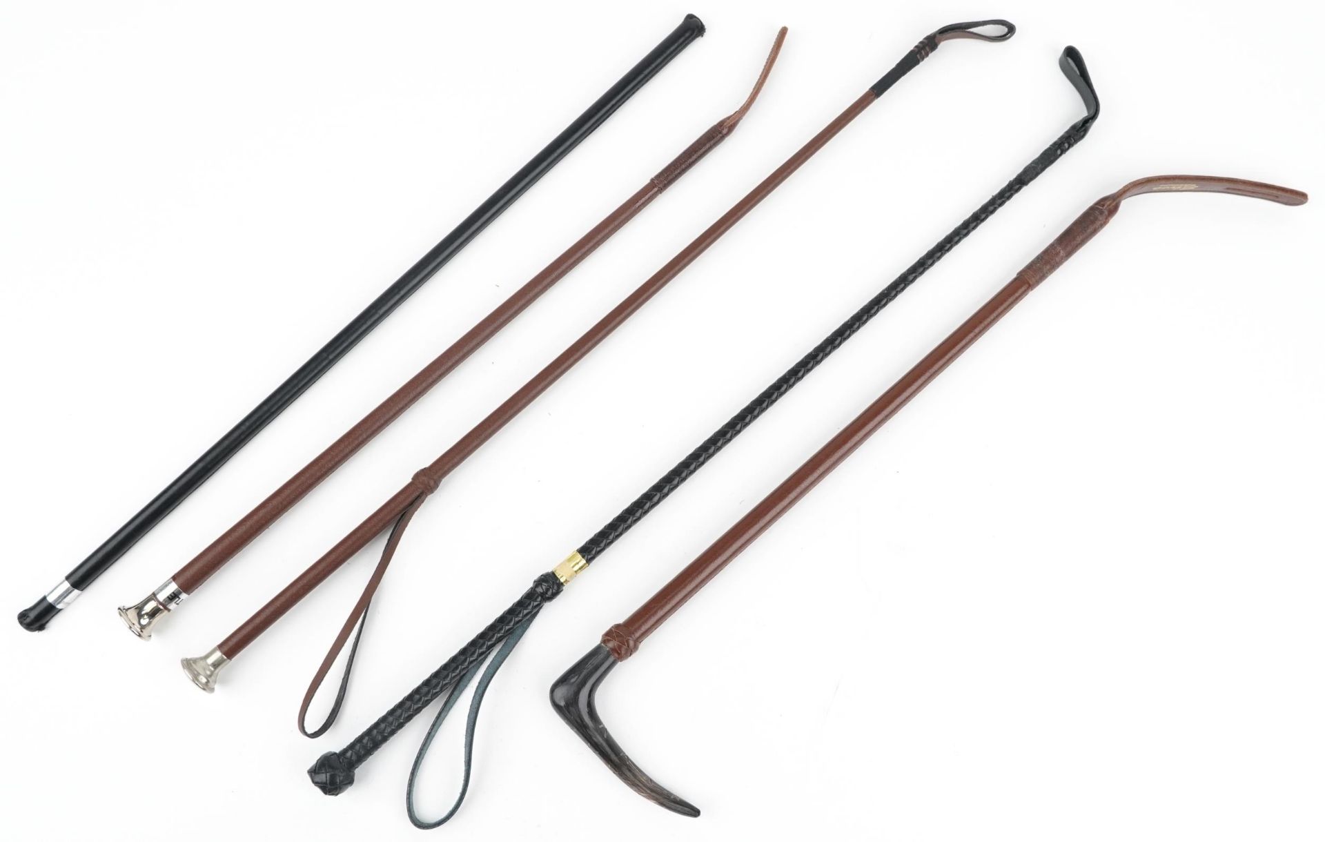 Five leather riding crops including one with horn handle, the largest 67cm high - Bild 3 aus 3