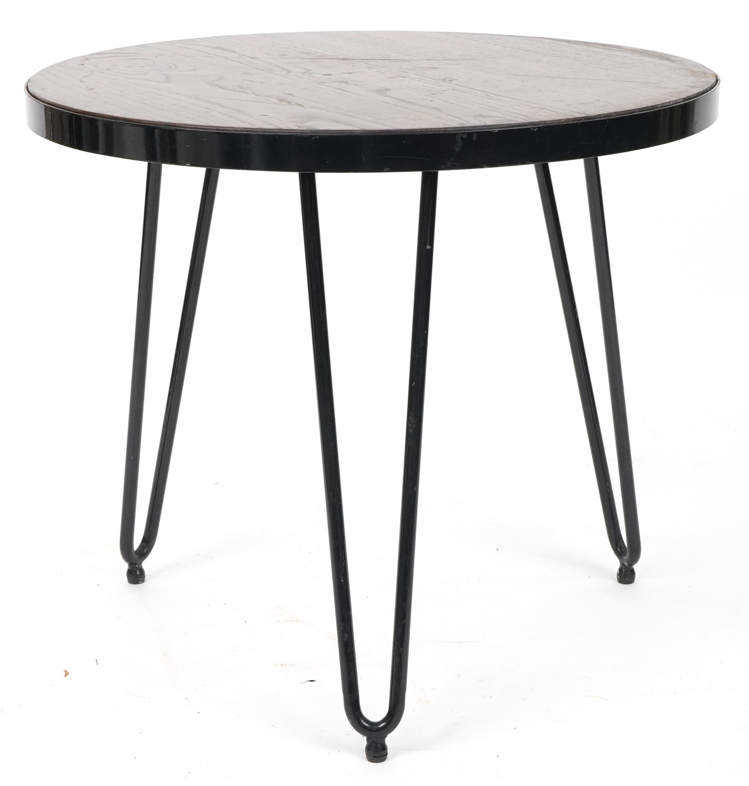 Industrial wrought iron circular side table with hardwood top and hairpin legs, 53cm high x 61cm - Image 3 of 3