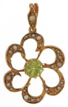 Edwardian 15ct gold seed pearl and green stone open work flower head pendant, possibly peridot, 2.