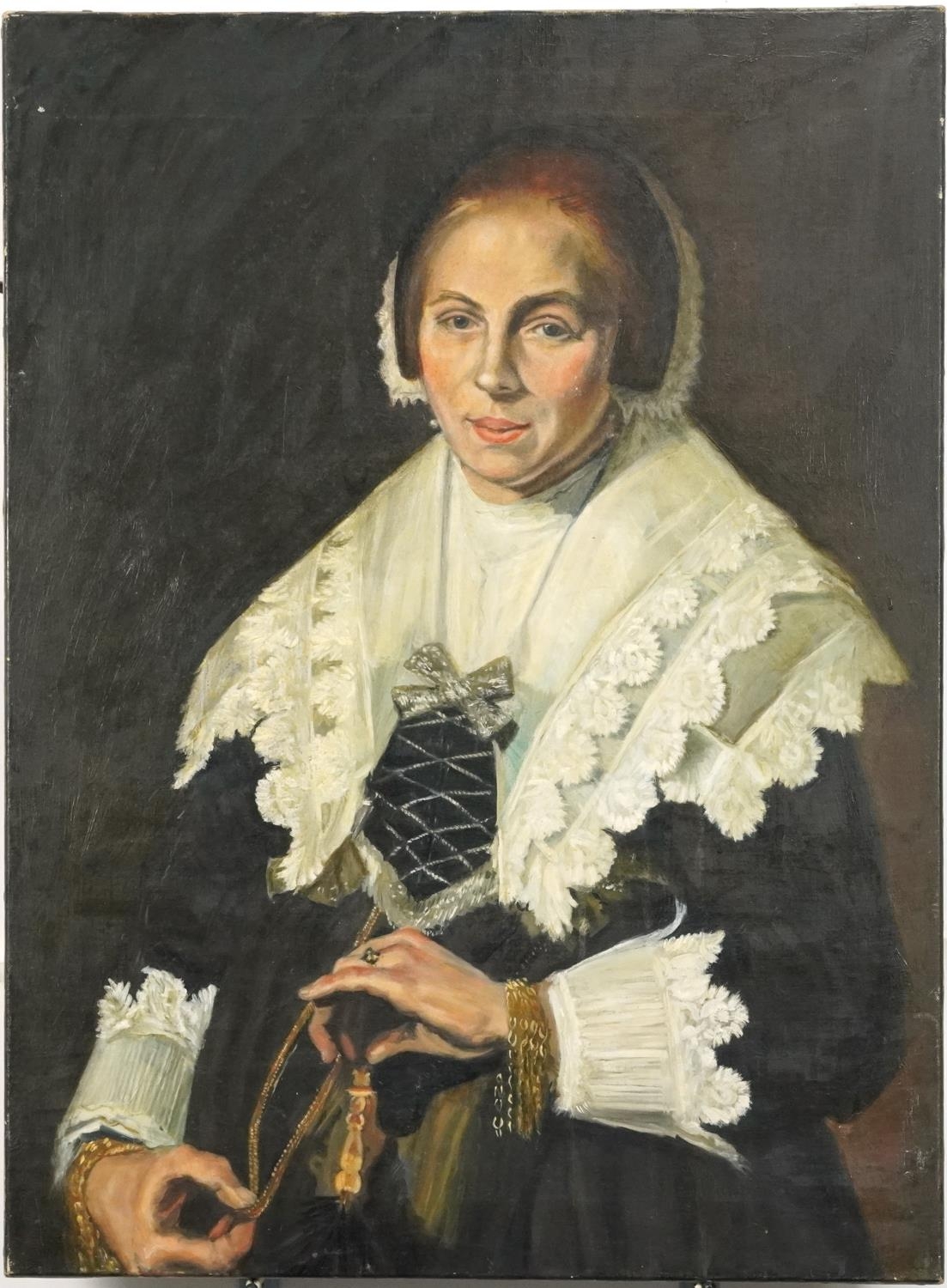 After Frans Hals - Portrait of a woman with a fan, Dutch Old Master style oil on canvas, unframed, - Image 2 of 6