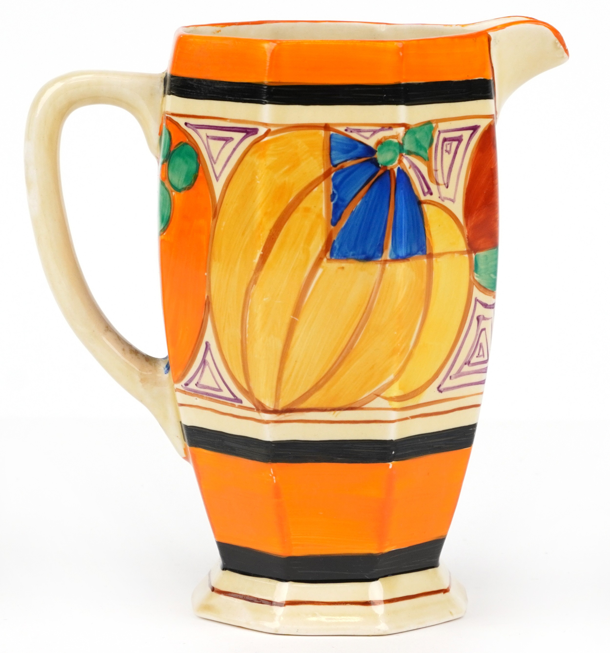 Clarice Cliff, Art Deco Fantastique Bizarre water jug with octagonal body hand painted in the - Image 4 of 8