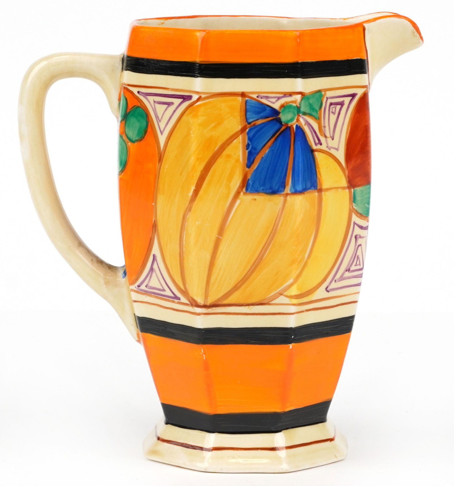 Clarice Cliff, Art Deco Fantastique Bizarre water jug with octagonal body hand painted in the - Bild 4 aus 8