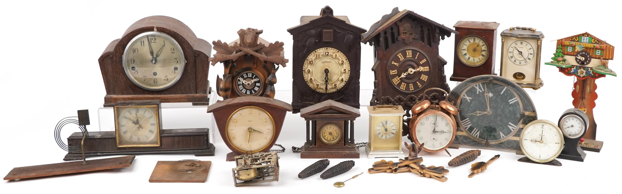Early 20th century and later clocks including cuckoo, oak cased Westminster chiming and Smiths