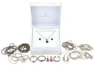 Silver and white metal jewellery including necklaces, pink stone earrings and an amethyst love heart