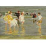 After Edward Henry Potthast - Beach scene with children, American school oil on board, mounted and